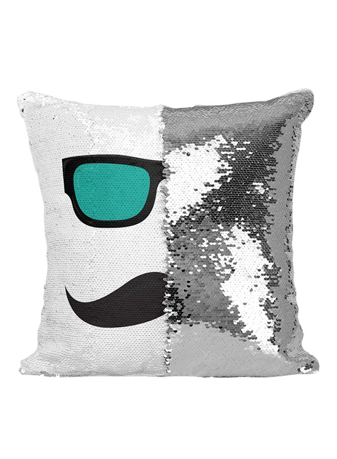Mustache And Glasses Corky Sequined Throw Pillow Silver/White/Green 16x16inch - Image 1