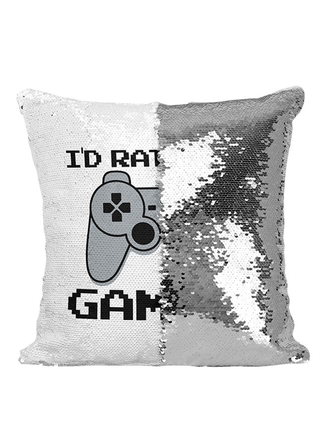 I'D Rather Be Gaming Sequined Throw Pillow Silver/White/Black 16x16inch - Image 1