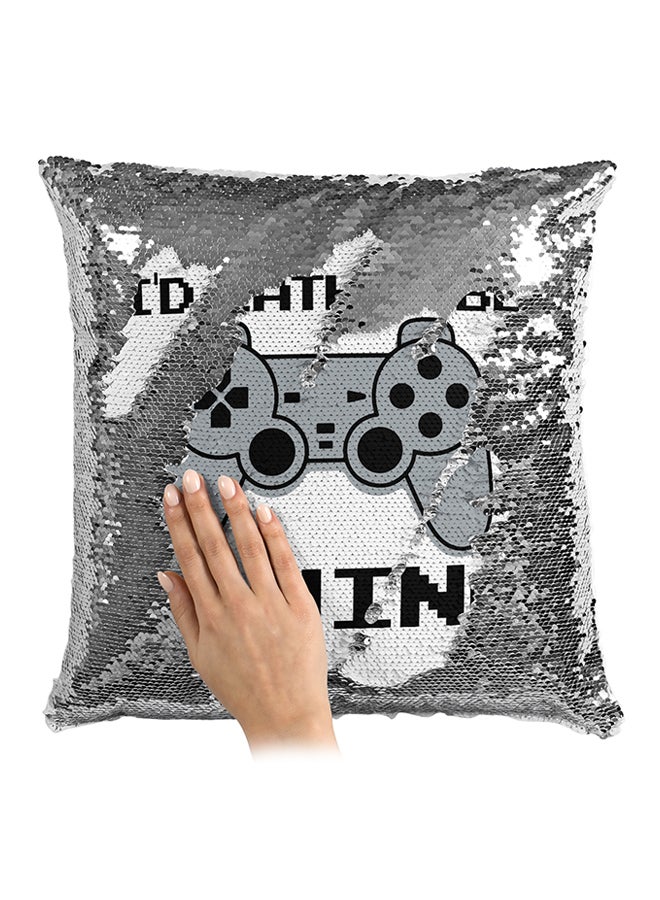 I'D Rather Be Gaming Sequined Throw Pillow Silver/White/Black 16x16inch - Image 3