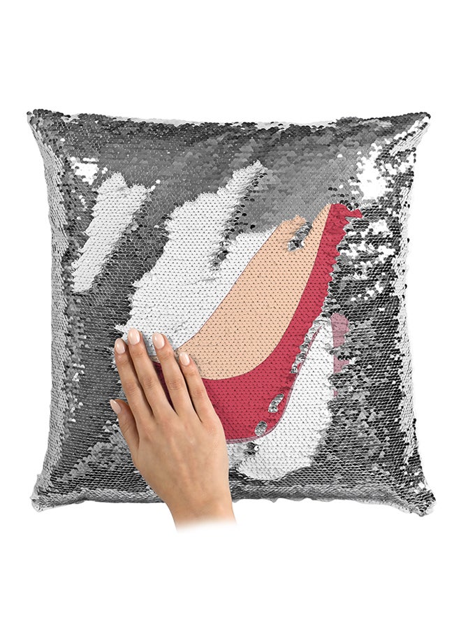 Red Shoe Heels Sequined Throw Pillow Silver/White/Red 16x16inch  - Image 3