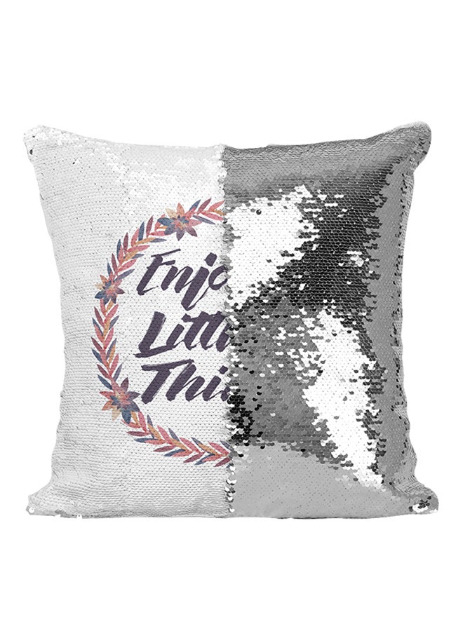 Enjoy Little Things Cute Little Wreath Sequined Throw Pillow Silver/White/Purple 16x16inch - Image 1