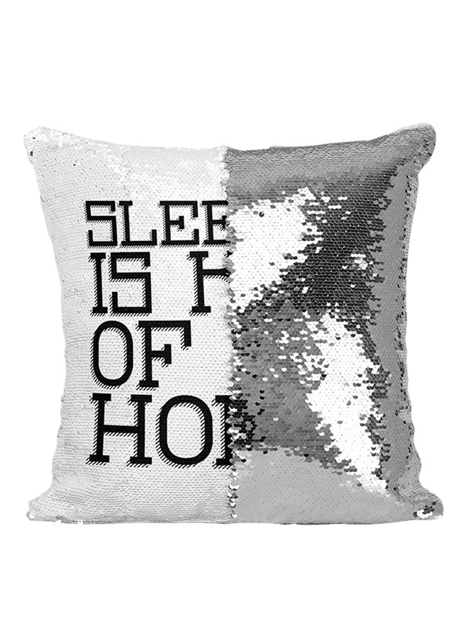 وسادة صغيرة مزينة بالترتر عليها عبارة Sleeping Is Kind Of My Hobby فضي / أسود / أبيض 16x16بوصة - Image 1