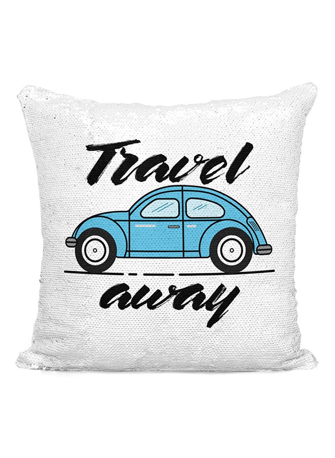 وسادة صغيرة مزينة بالترتر بتصميم سيارة خنفساء زرقاء من فولكس فاجن وعبارة Travel Away متعدد الألوان 16x16بوصة - Image 2