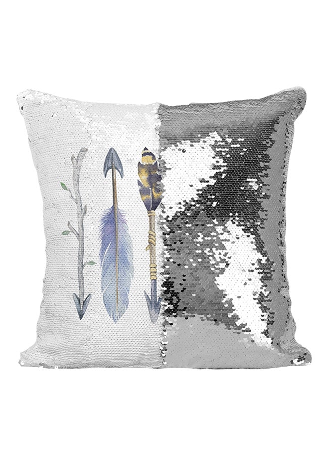 Tribal Feather Arrow Collection Sequined Throw Pillow White/Grey/Blue 16x16inch - Image 1