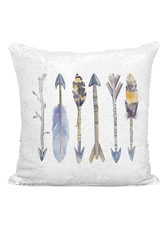 Tribal Feather Arrow Collection Sequined Throw Pillow White/Grey/Blue 16x16inch - Image 2