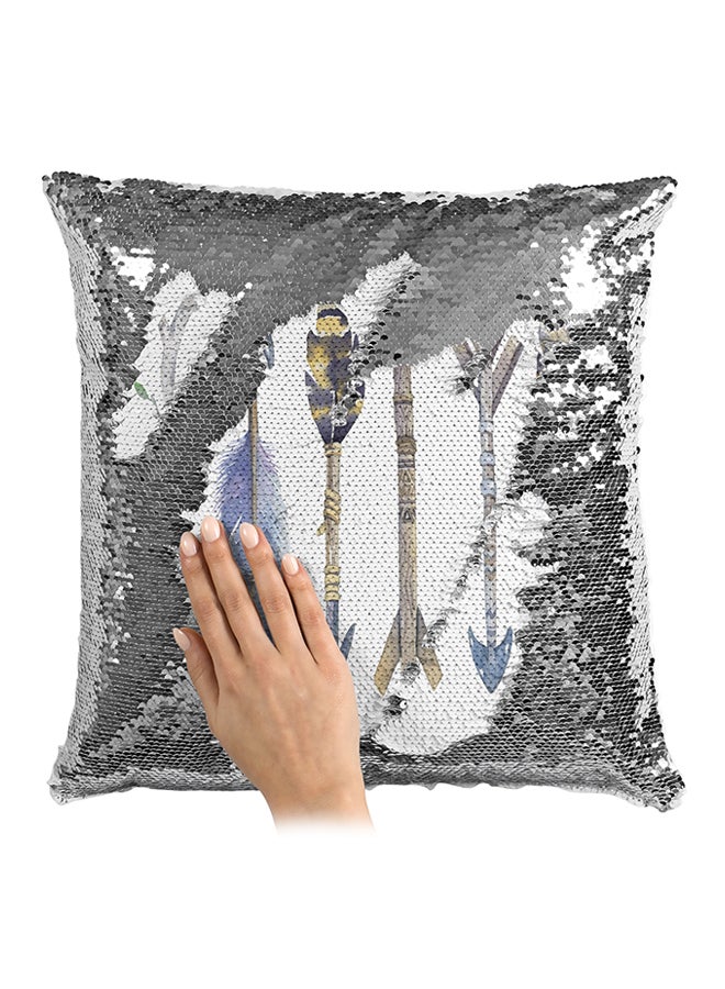 Tribal Feather Arrow Collection Sequined Throw Pillow White/Grey/Blue 16x16inch - Image 3