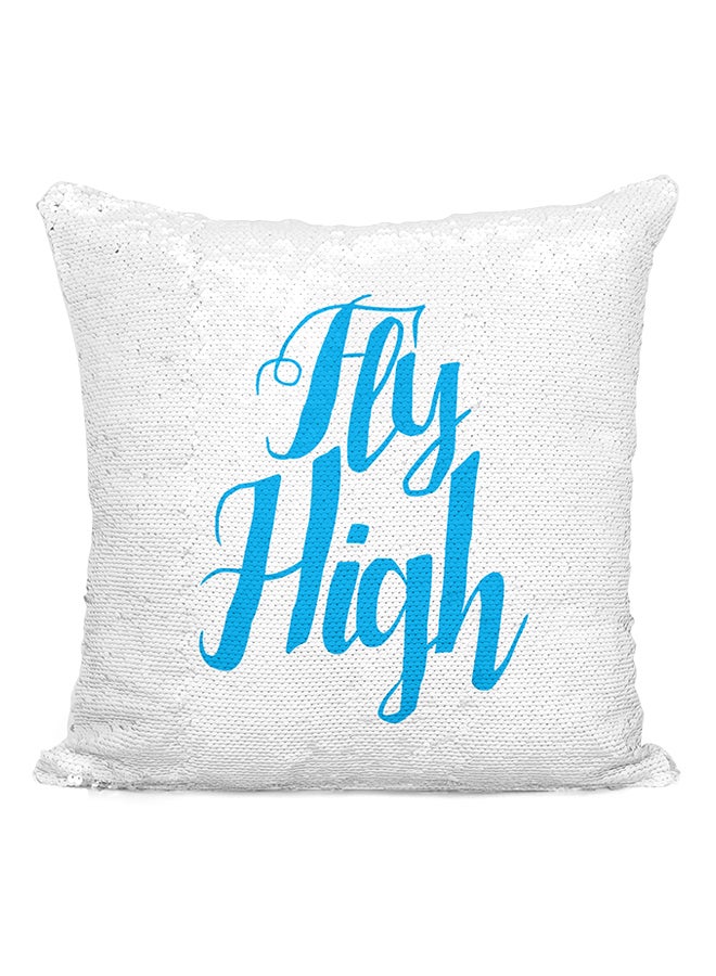 وسادة زينة مطرزة بالترتر ومطبوع عليها عبارة 'Fly High' فضي/أبيض/أزرق 16x16بوصة - Image 2