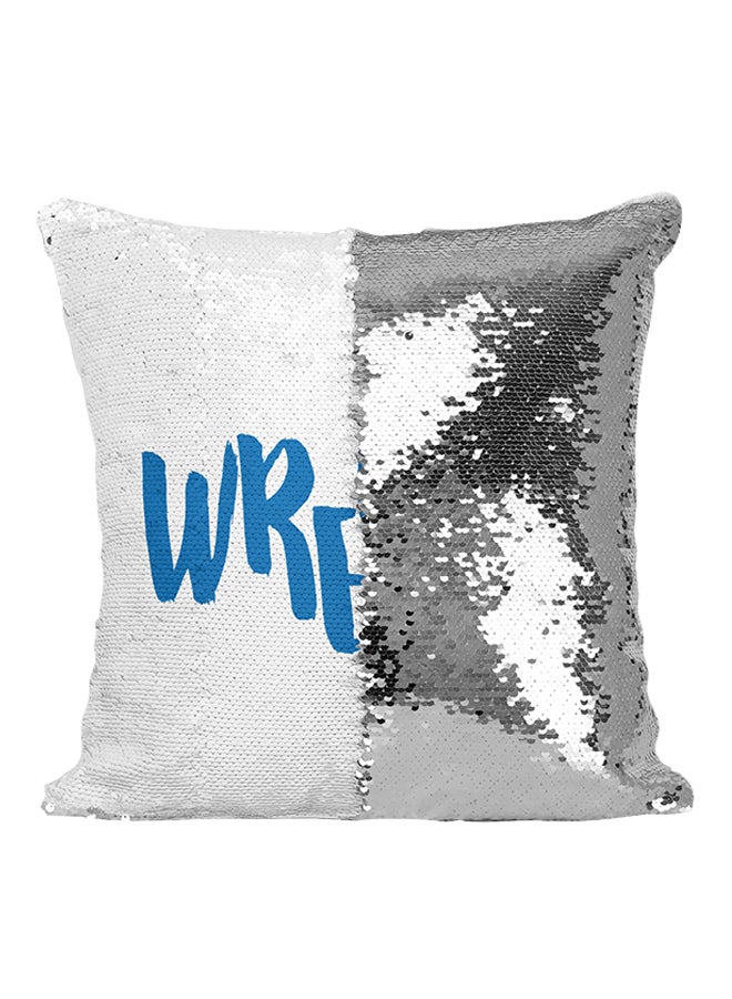 وسادة صغيرة مزينة بالترتر بتصميم عبارة Wreckless فضي/أبيض/أزرق 16x16بوصة - Image 1