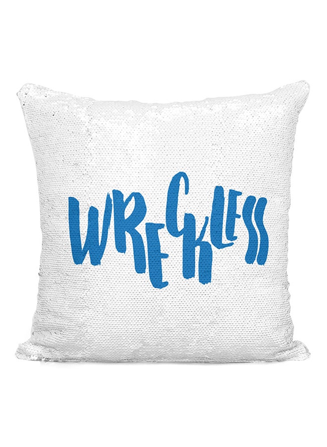 وسادة صغيرة مزينة بالترتر بتصميم عبارة Wreckless فضي/أبيض/أزرق 16x16بوصة - Image 2