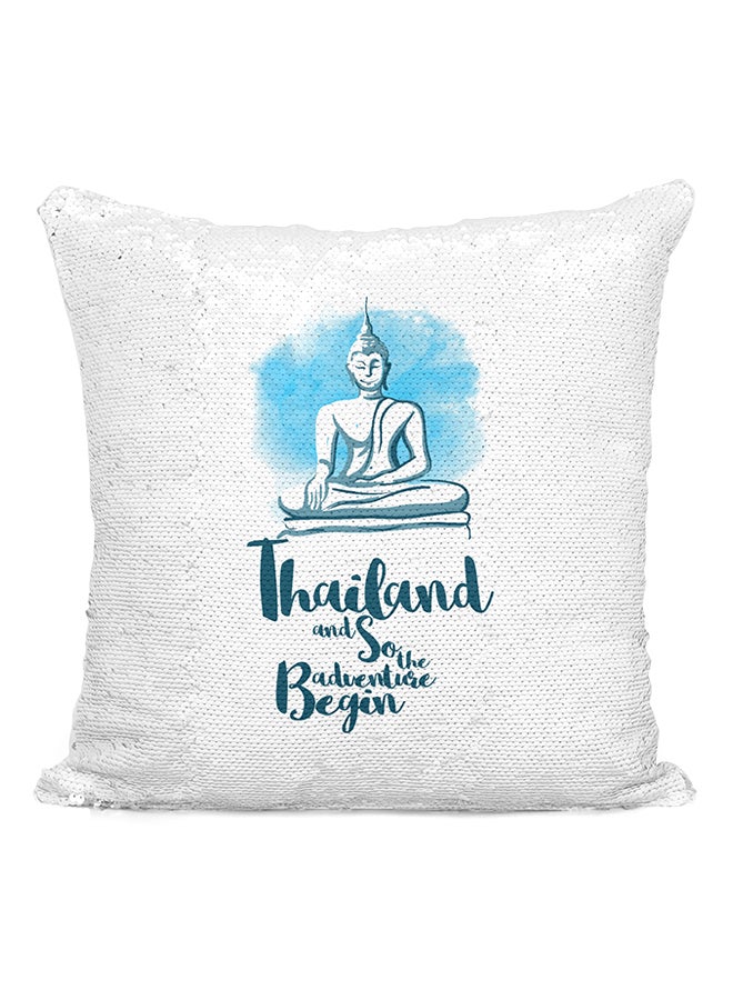 Ayutthaya Thailand Famous World Destination Sequin Throw Pillow Silver/White/Blue 16x16inch - Image 2