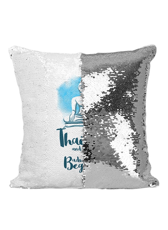 Ayutthaya Thailand Famous World Destination Sequin Throw Pillow Silver/White/Blue 16x16inch - Image 1