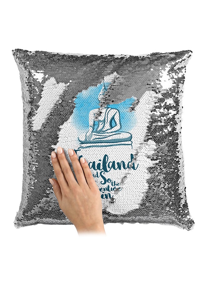 Ayutthaya Thailand Famous World Destination Sequin Throw Pillow Silver/White/Blue 16x16inch - Image 3