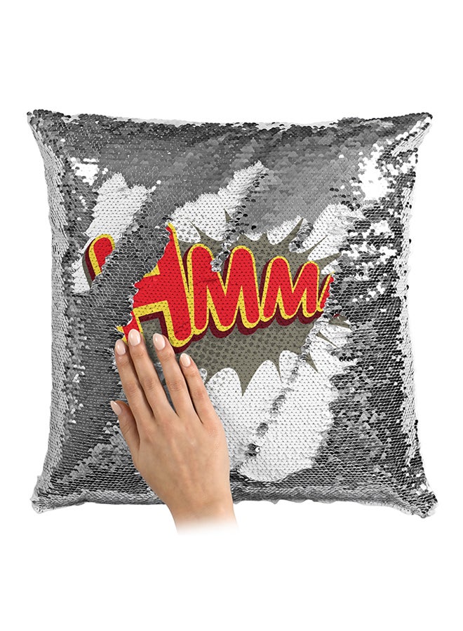 Hmmm Sequined Throw Pillow Silver/White/Red 16x16inch - Image 3