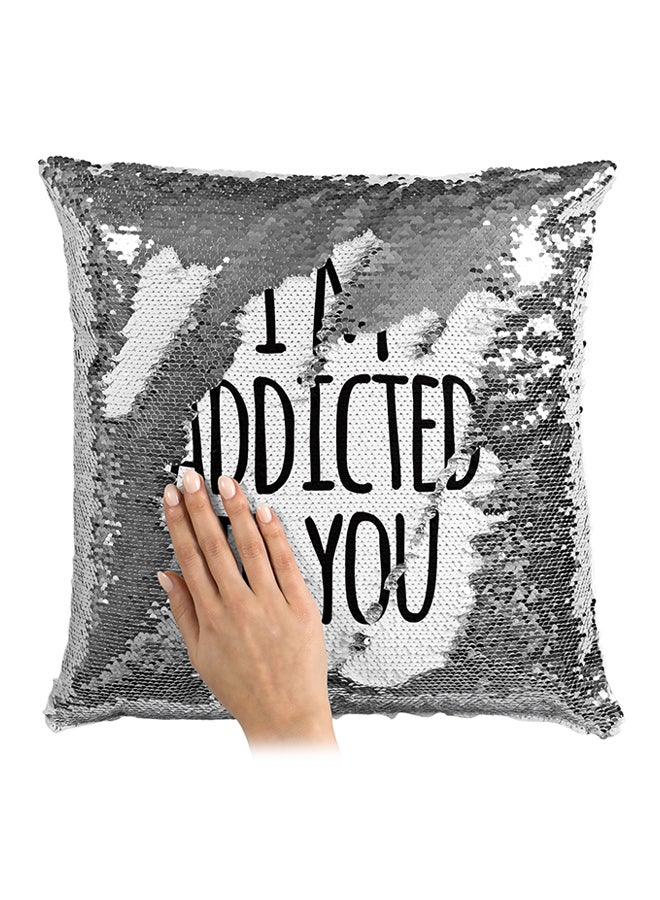 I'M Addicted To You Sequined Throw Pillow Silver/White/Black 16x16inch - Image 3