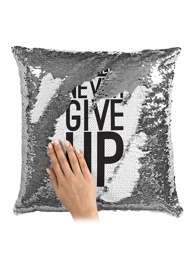 I Will Never Give Up Sequined Throw Pillow Silver/White/Black 16x16inch  - Image 3