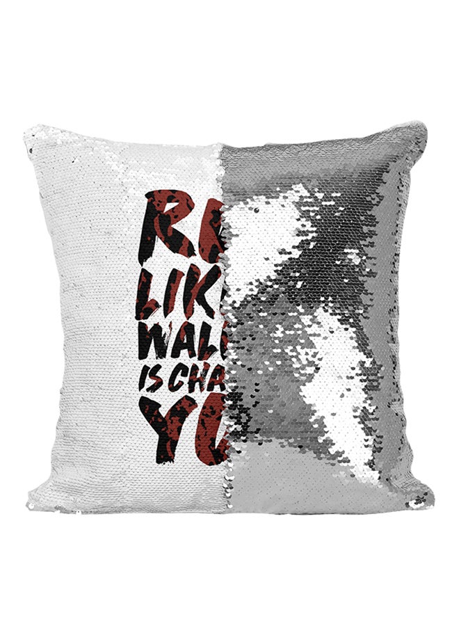 Run Like A Walker Is Chasing You Sequined Throw Pillow Silver/White/Red 16x16inch - Image 1