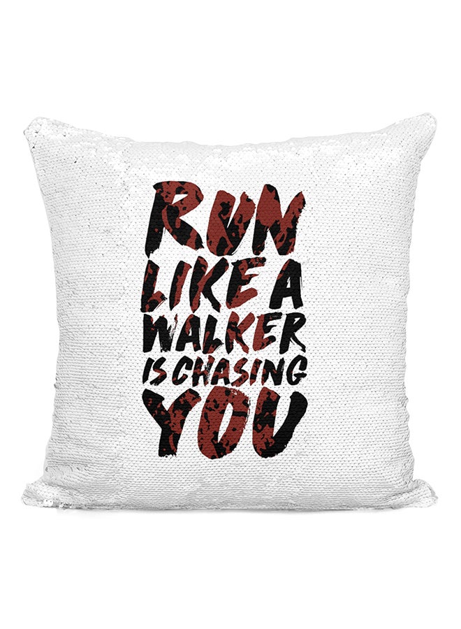 Run Like A Walker Is Chasing You Sequined Throw Pillow Silver/White/Red 16x16inch - Image 2