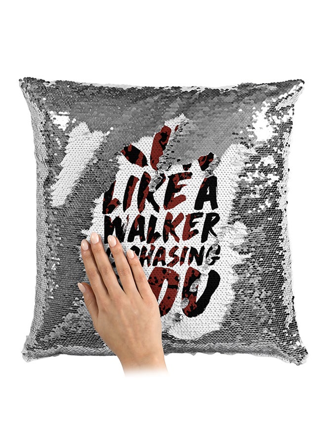 Run Like A Walker Is Chasing You Sequined Throw Pillow Silver/White/Red 16x16inch - Image 3