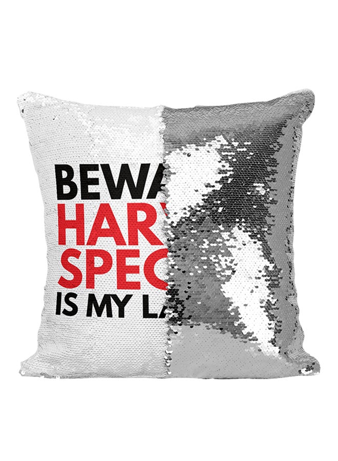 Beware Harvey Specter Is My Lawyer Sequined Throw Pillow Silver/White/Red 16x16inch - Image 1