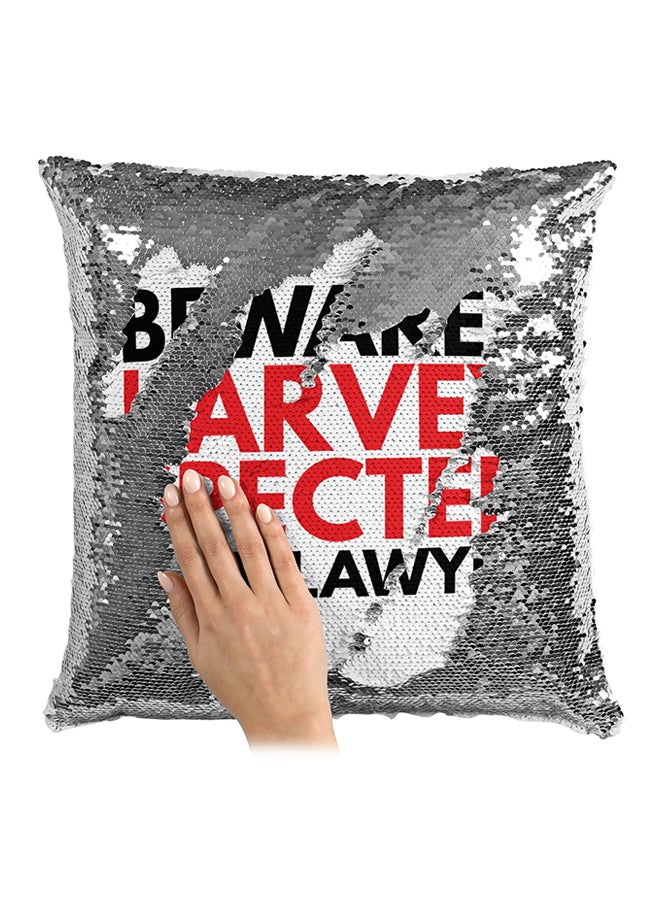 Beware Harvey Specter Is My Lawyer Sequined Throw Pillow Silver/White/Red 16x16inch - Image 3