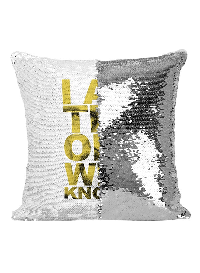 I Am The One Who Knocks Sequin Throw Pillow Silver/White/Gold 16x16inch - Image 1