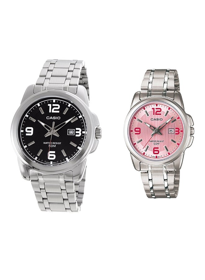 كاسيو طقم ساعة يد بعقارب مقاومة للماء بسوار من الإستانلس ستيل طراز MTP 1314D 1A/ 1314D 5AV - 50 مم - فضي للنساء - Image 1