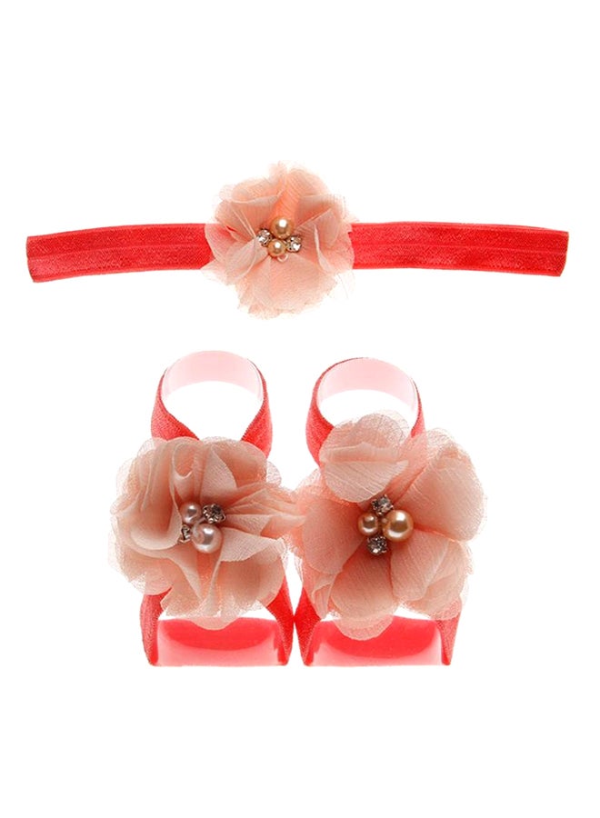 Rhinestone Studded Floral Head And Foot Band Red