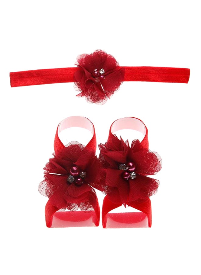 Rhinestone Studded Floral Head And Foot Band Red