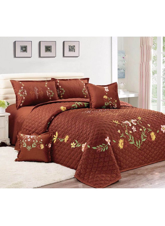 مون طقم لحاف بطبعة زهور مكون من 6 قطع مايكروفايبر بني King