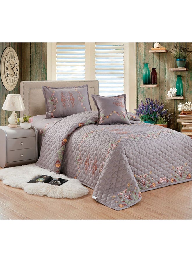 مون طقم لحاف مضغوط نقشة زهور مكوَّن من 4 قطع مايكروفايبر رمادي Single
