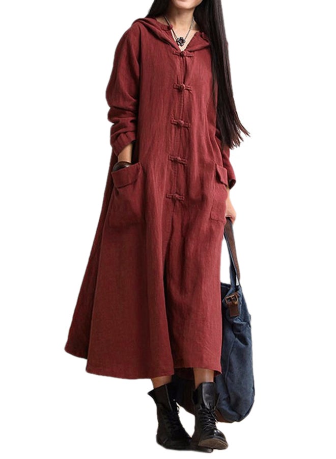 ANSELF Vintage Long Sleeve Midi Cotton Dress Burgundy  - Image 1