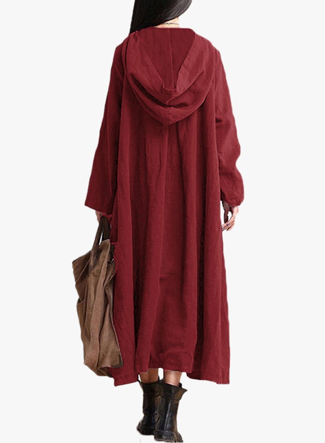 ANSELF Vintage Long Sleeve Midi Cotton Dress Burgundy  - Image 2