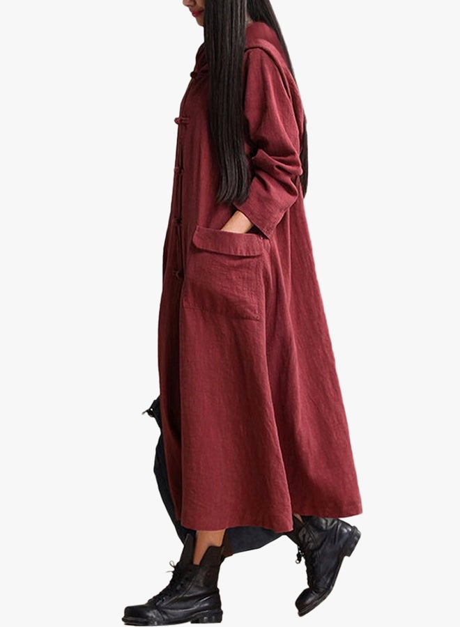 ANSELF Vintage Long Sleeve Midi Cotton Dress Burgundy  - Image 3