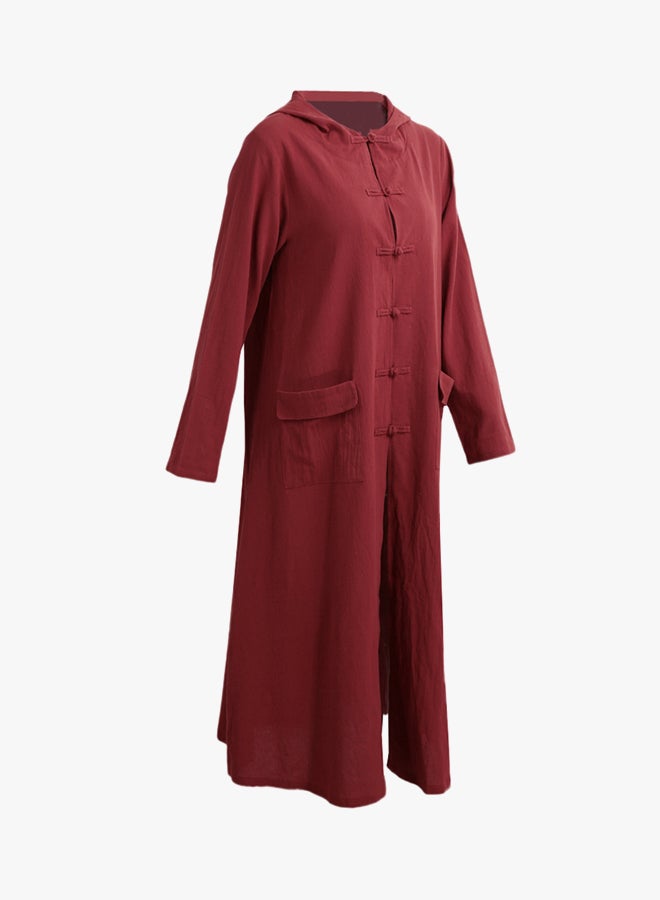 ANSELF Vintage Long Sleeve Midi Cotton Dress Burgundy  - Image 4