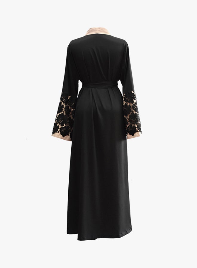 ANSELF Crochet Lace Cuff Bell Sleeve Abaya Black - Image 3