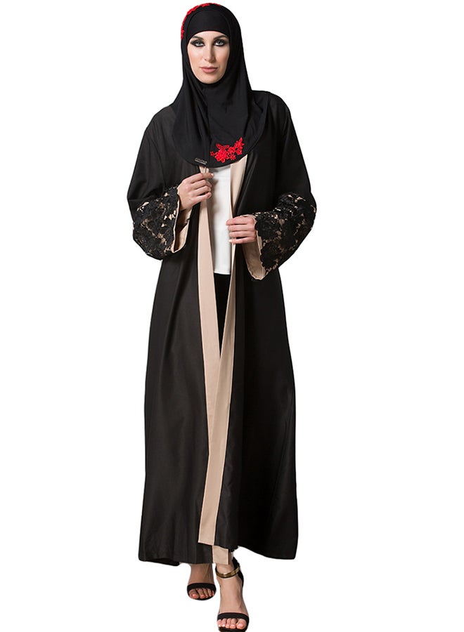 ANSELF Crochet Lace Cuff Bell Sleeve Abaya Black - Image 1