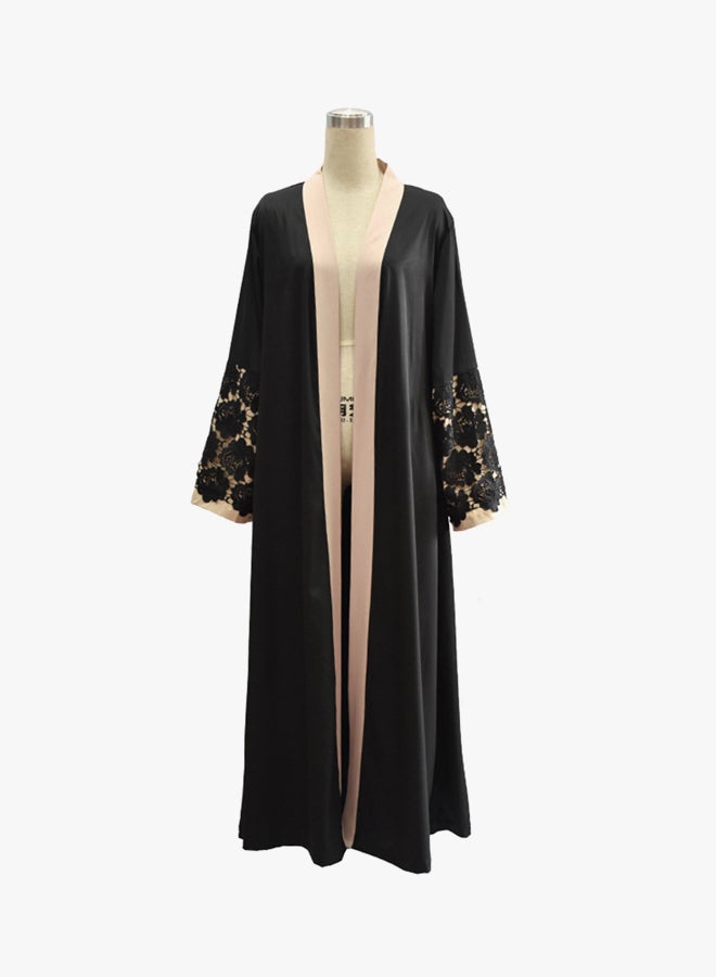 ANSELF Crochet Lace Cuff Bell Sleeve Abaya Black - Image 2