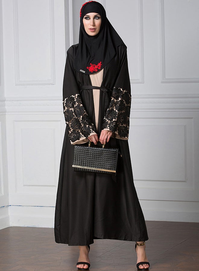 ANSELF Crochet Lace Cuff Bell Sleeve Abaya Black - Image 5