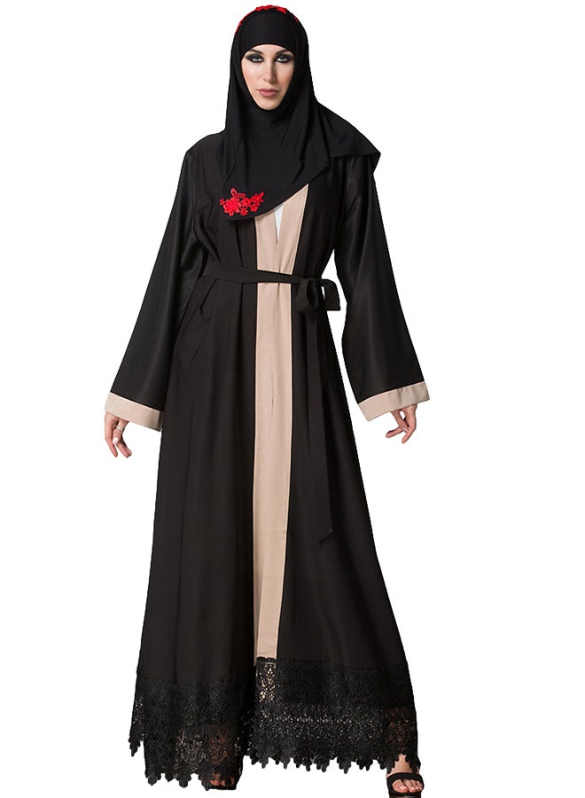 ANSELF Spliced Crochet Lace Hem Long Sleeve Abaya Black - Image 1