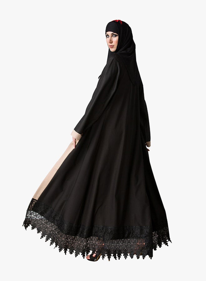 ANSELF Spliced Crochet Lace Hem Long Sleeve Abaya Black - Image 2