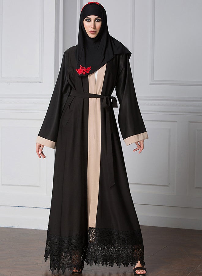 ANSELF Spliced Crochet Lace Hem Long Sleeve Abaya Black - Image 5