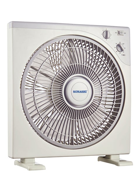 12Inch Box Fan with 3 Speeds | Lightweight and Portable Fan with 1 Hour Timer | Powerful Desk Fan With Copper Motor | Protective Grill for Safety SBF-7032 White/Grey