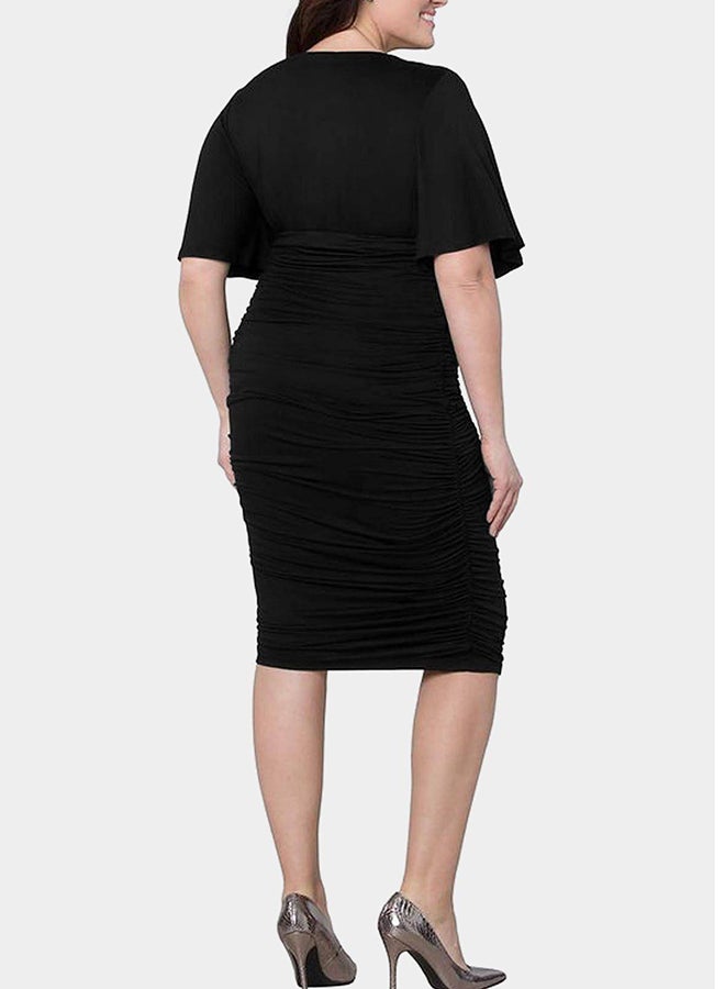 Solid V Neck Midi Dress Black  - Image 2