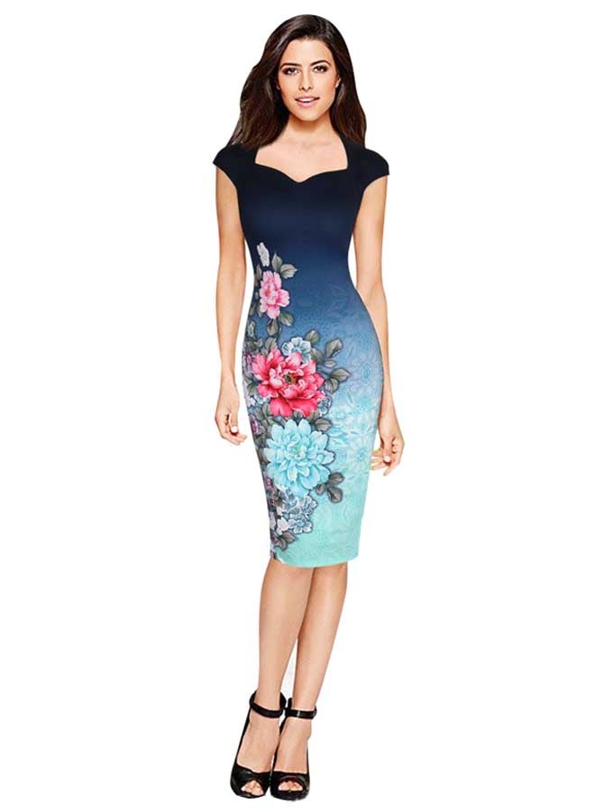 Elegant Pencil Business Patchwork Midi Dress Multicolour  - Image 1