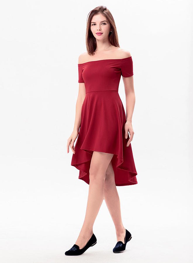 Short Sleeve Irregular Midi Dress Red - Image 4