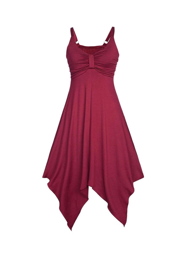 فستان مطاطي بحافة غير متساوية أحمر برغندي - Image 1