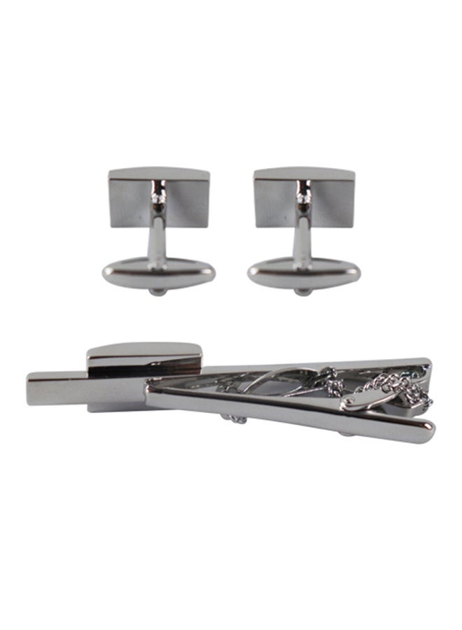 White Gold Stone Embellished Tie Clip And Cufflinks Set - Image 2