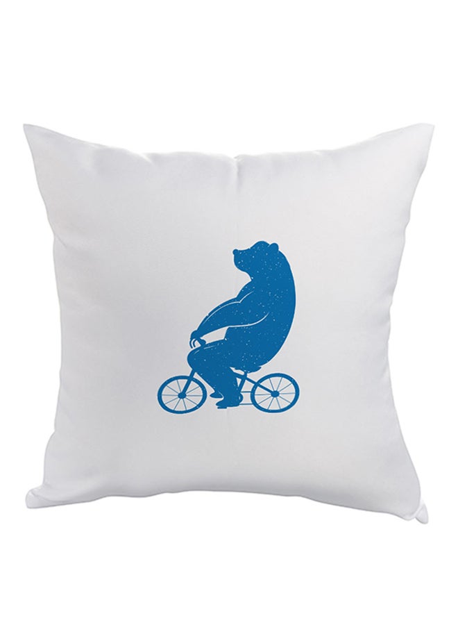 Bear Driving A Bicycle Printed Pillow White/Blue 40x40cm