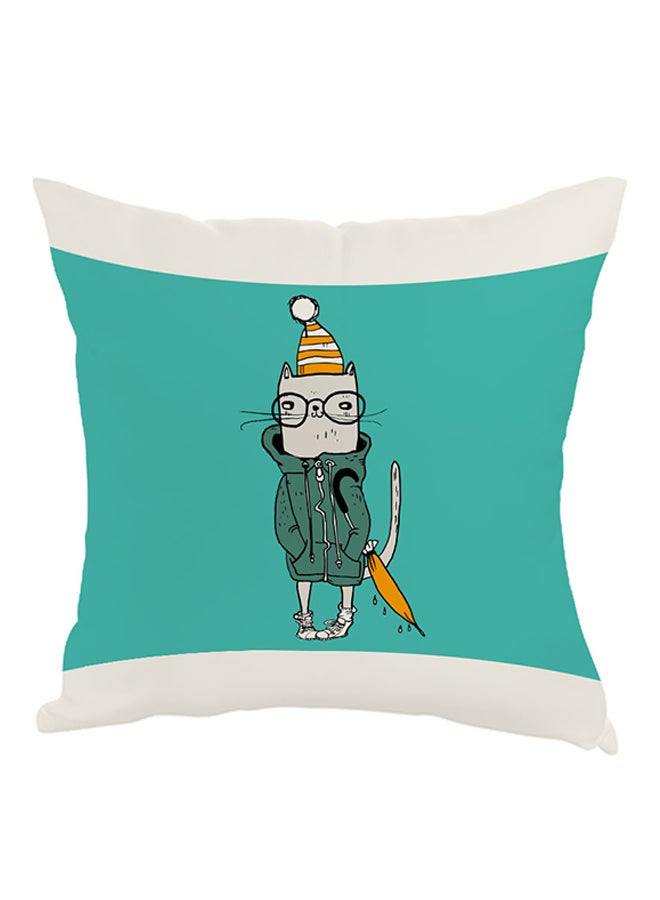 Cartoon Drawing Cat Printed Pillow Green/White/Orange 40x40cm