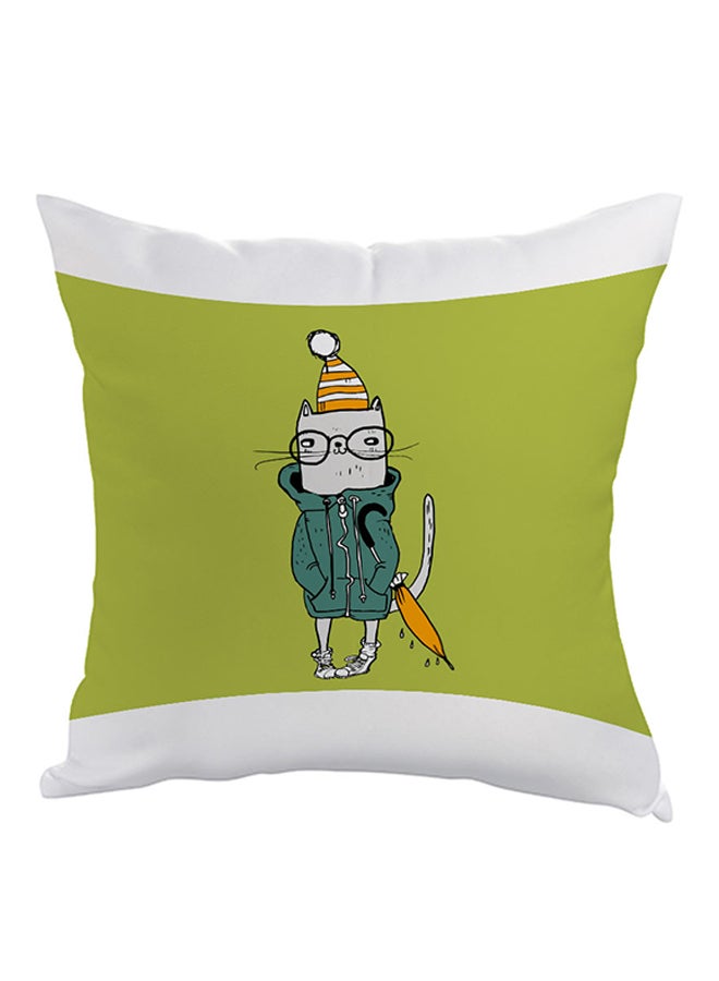 Decalac Cartoon Drawing Cat Printed Pillow Green/White/Orange 40x40cm